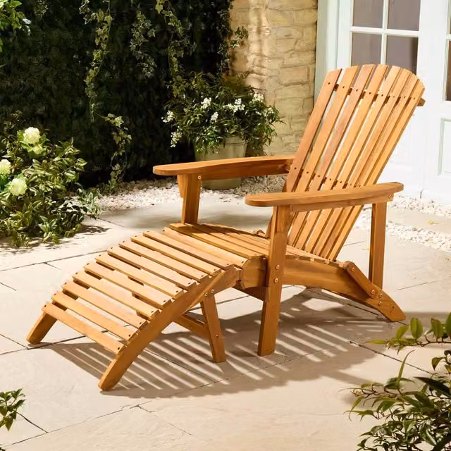 VonHaus Hudson Acacia Wooden Adirondack Garden Chair and Matching Footstool in Brown