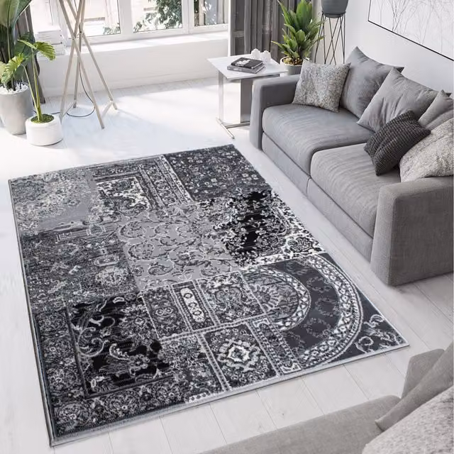 The Rug House Black and Grey Monochrome Traditional Patchwork Living Room Rug, W: 330 cm, D: 240 cm