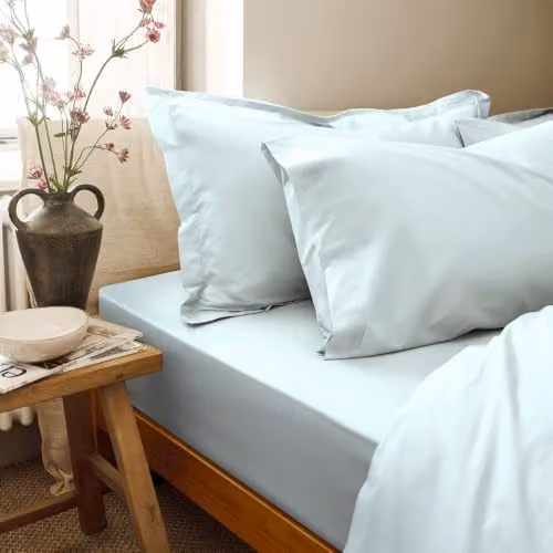 Christy Organic Cotton Percale Super King Fitted Sheet in Duck Egg Blue, W/D/H: 180 x 200 cm