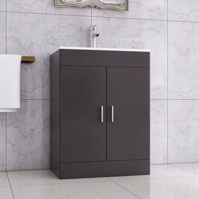 BELOFAY Grey Glossy Flat Pack Floor Standing Cloakroom Vanity Unit with Basin and Soft Close Hinged Doors W/D/H: 60 x 39 x 82 cm