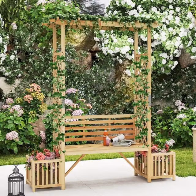 COSTWAY Rustic Brown Treated Hardwood Garden Bench with Armrests
