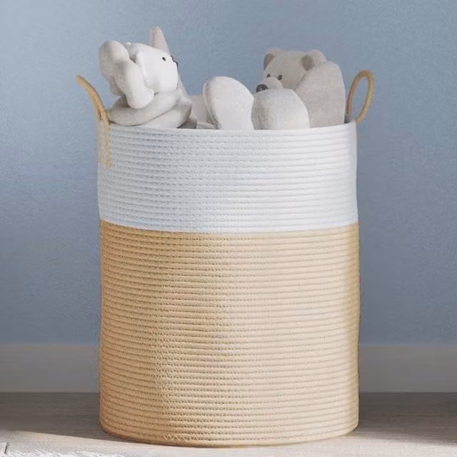 Berkfield Open Weave Cotton Storage Basket in Beige and White, W: 38 cm, H: 46 cm