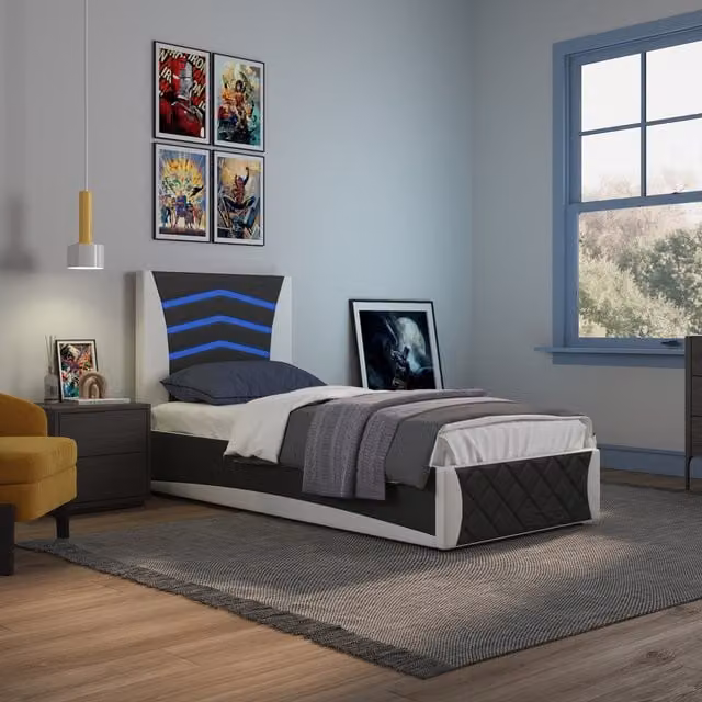 SlumberWorx Galaxy Ottoman Storage Single Bed Frame with LED Headboard in Black, White, Red and Grey, W/D/H: 90 x 190 cm