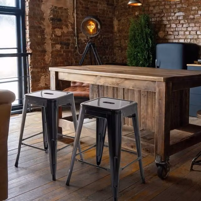 Wyld and Coco Urban Loft Industrial Stackable Bar Stools Set of 2 in Black Matt Metal, Height: 60 cm