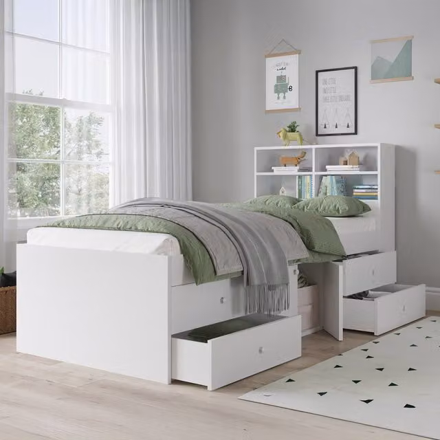 KIDSAW Single Storage Bed with Bookcase Headboard and 4 Drawers, White, 90 x 190 cm