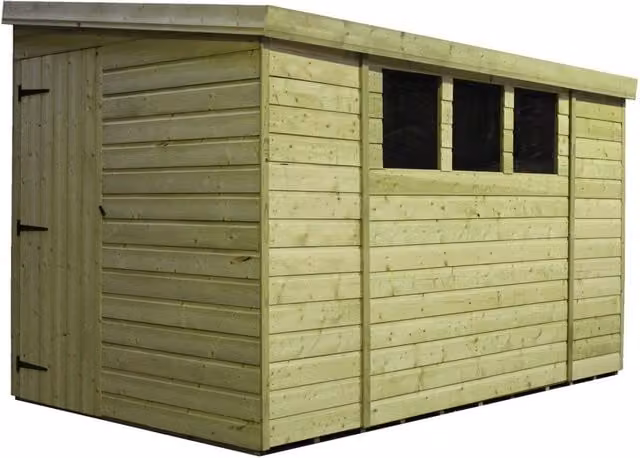 Empire Sheds Empire 3000 Green Pent Garden Wood Shed with Single Door and 3 Windows, W/D/H: 365.76 x 180 x 213.36 cm