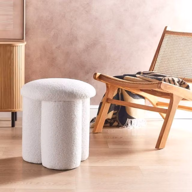Wyld and Coco White Bouclé Cylindrical Pouffe Footstool, Diameter: 45 cm, Height: 40 cm