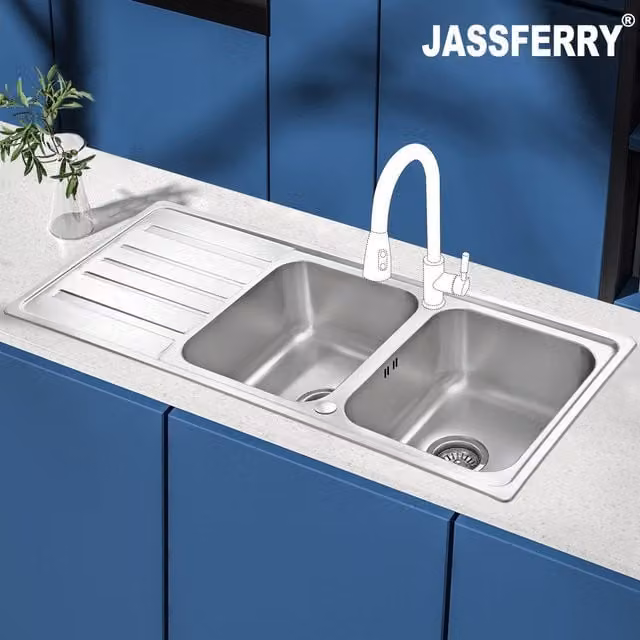 JASSFERRY Reversible Double Bowl Built-in Stainless Steel Kitchen Sink in Silver, W: 116 cm x D: 50 cm x H: 20 cm
