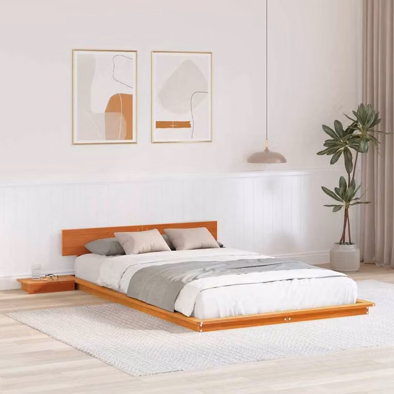 Berkfield Home Solid Pine Floor Bed Frame with Bedside Shelves in Wax Brown, W/D/H: 120 x 190 cm