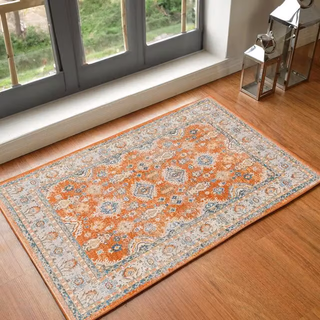 Livabliss Lilian Washable Vintage Boho Living and Dining Rug in Burnt Orange and Blue, W/D/H: 66 x 120 cm