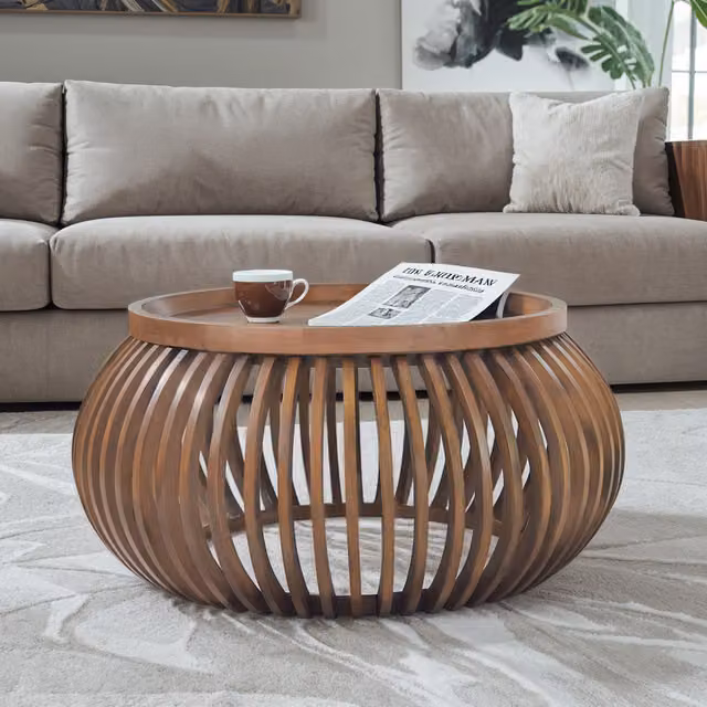 IH Design Jodhpur Mid-Century Solid Wood Small Round Low Coffee Table in Brown