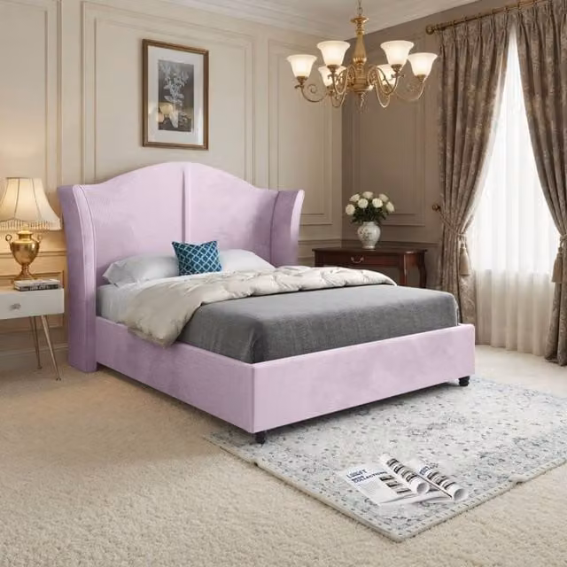 KDMD Wilsden Curved Winged Upholstered Designer Bed Frame in Pink Soft Velvet, Size: Small Double (W/D/H: 137 x 128 x 120 cm)