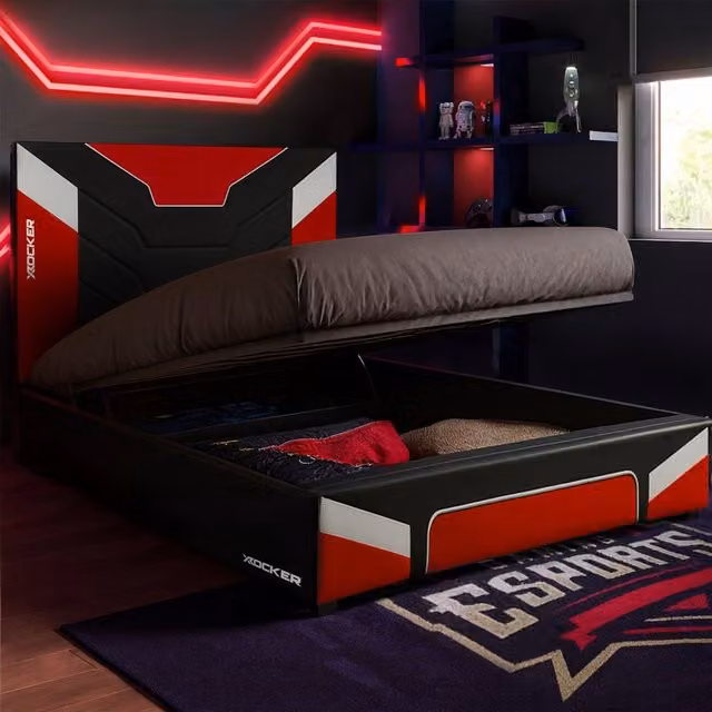 X Rocker Cerberus Red Faux Leather Upholstered Gaming Ottoman Bed for Kids and Teens, W/D/H: 140 x 200 cm