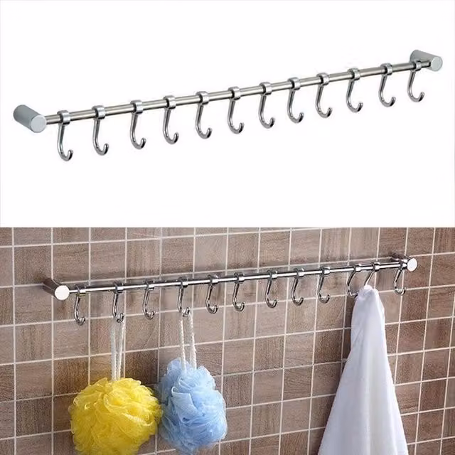 EONLION Stainless Steel Kitchen Utensil Rack with 12 Hooks, Silver, W: 100 cm, H: 50 cm, D: 50 cm