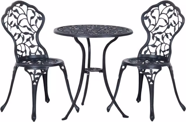 Furnold Set of 3 Black Matt Powder Coated Aluminium Bistro Table and Chairs with Art Nouveau Leaf Design