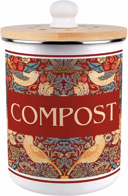 Wenko Strawberry Thief Red Metal Compost Caddy with Removable Inner Bucket and Odour Filter, 2L