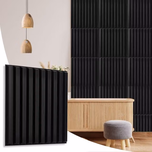 NOVECRAFTO Matte Black 3D Fluted Line PVC Wall Panels, W/D/H: 50 x 50 x 0.25 cm