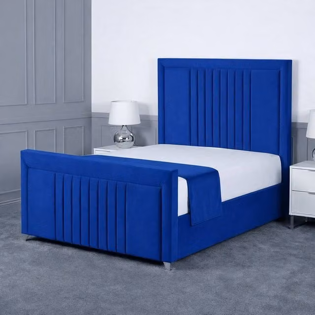 Living Comfort Bedz Celeste Plush Velvet Upholstered Bed with Slatted Base and 48 Inch Headboard in Blue, Small Double