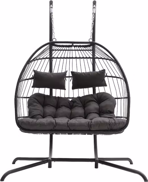 Darphe Double Seater Garden Hanging Chair with Four Leg Base and Weatherproof Cushions in Black