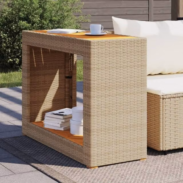 Berkfield Home Garden Side Table with Beige Poly Rattan and Oiled Acacia Wood Top, W/D/H: 100 x 40 x 75 cm