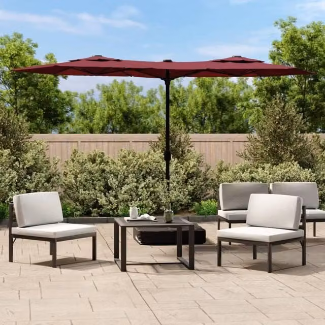 Berkfield Home Double-Head Cantilever Parasol with LEDs in Bordeaux Red, W: 316 cm, D: 240 cm, H: 240 cm