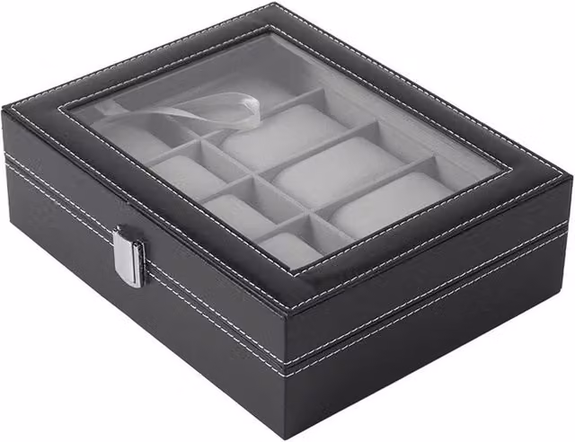 SPETLEK 10 Grid Jewelry Storage Box in Black with Glass and Metal Details W/D/H: 25.5 x 8.0 x 1.0 cm