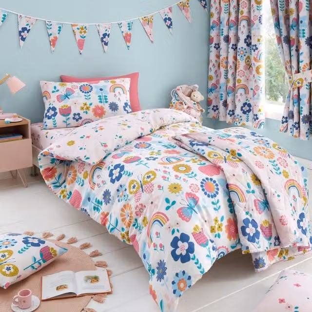 Happy Linen Company Floral Kids Reversible Duvet Cover and Pillowcase Set, Pink and Multicolour, Duvet Cover: 200 x 200 cm, Pillowcase: 50 x 75 cm