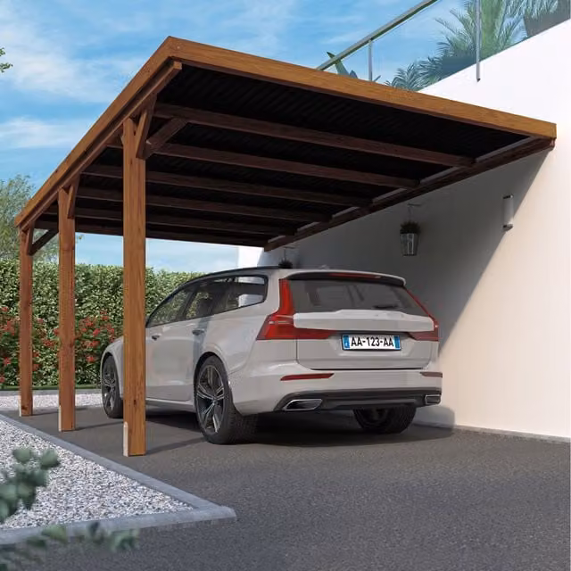 Cerland Victor Wall Mounted Lean-to Wooden Carport with Polycarbonate Pent Roof in Brown