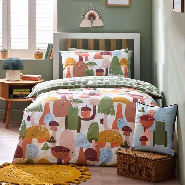 Funguys Mushroom Graphic Duvet Cover Set in Multicolour and White, Double, 140 x 200 cm