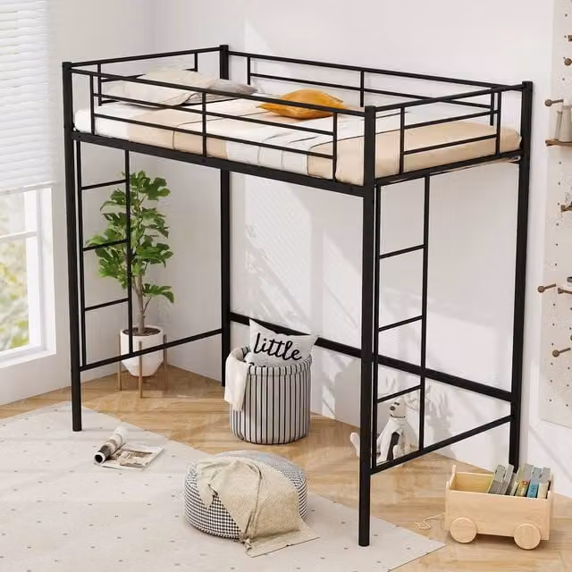 Gymax Metal Loft Bed Frame with Safety Guardrail in Black