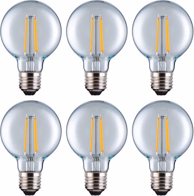Eurolec G95 Globe E27 LED Straight Filament Dimmable Light Bulb Pack of 6 in Transparent Warm White