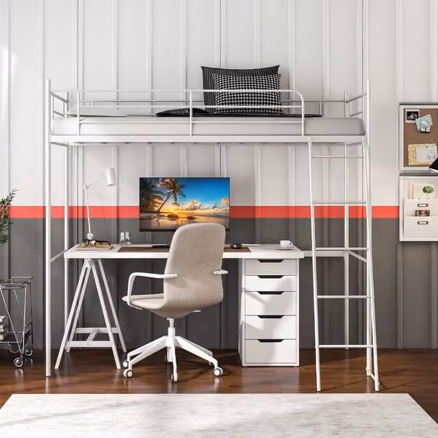 Costway Modern Single Metal Loft Bed Frame High Sleeper in White, 90 x 190 cm