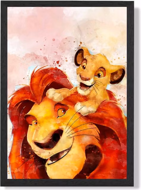 ARTZE Mufasa and Simba Lion King Watercolour Framed Print, Red and Multicolour, A2