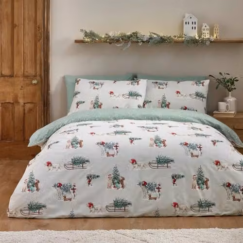 Catherine Lansfield Christmas Dogs Reversible Flannelette Cotton Duvet Cover and Pillowcase Set, Green, 200 x 200 cm