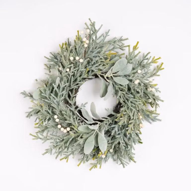 Scottish Everlastings Ltd Pre-lit Frosted Round Wreath with Lambs Ear in Green, Diameter: 45 cm