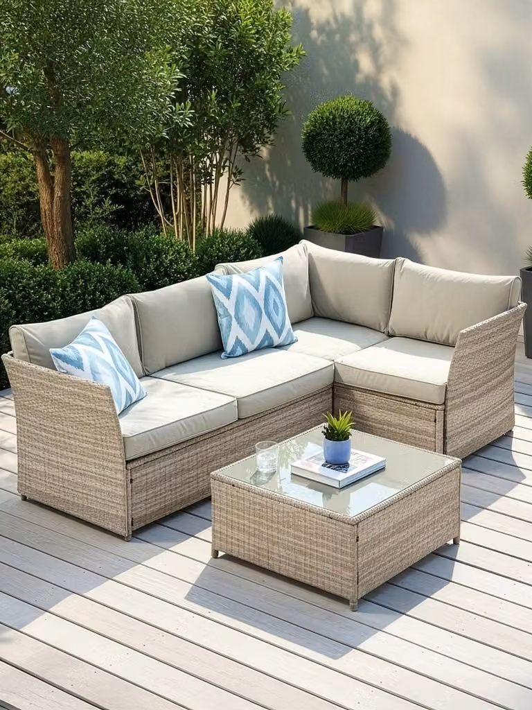 Cheap Furniture Warehouse Calgary Beige Polyrattan L-Shape Corner Sofa Set with Outdoor Coffee Table and Cushions