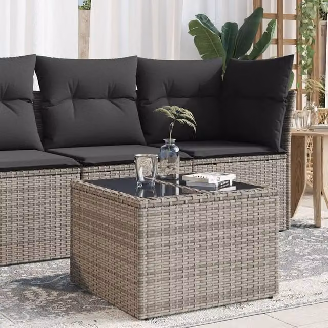 Berkfield Home Grey Poly Rattan Garden Table with Glass Top, W/D/H: 55 x 55 x 37 cm