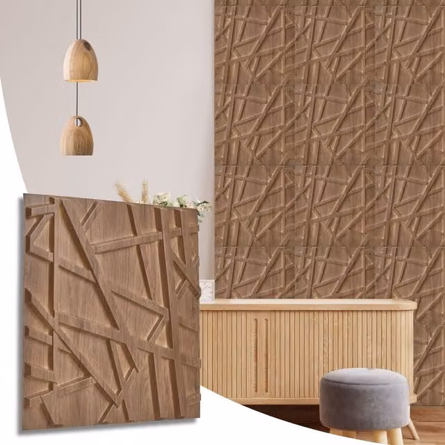 NOVECRAFTO Geometric Line 3D Wall Panels, Brown Matte PVC Cladding, W/D/H: 50 x 50 x 0.25 cm
