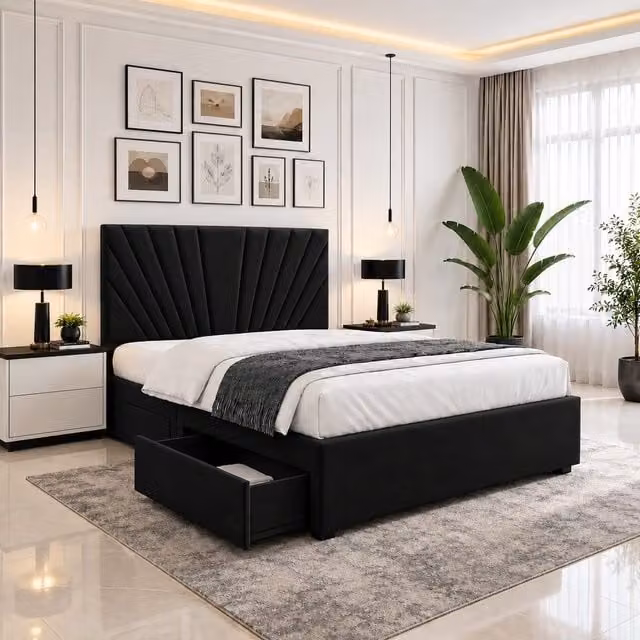 Velmora Luxury Upholstered Velvet Divan Bed with Tall Headboard, Mattress and Drawers, Black, W/D/H: 90 x 200 x 35.56 cm