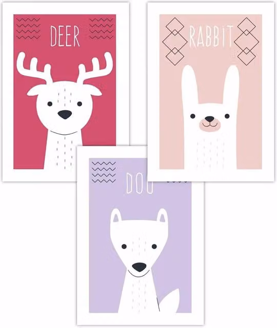 ARTZE Set of 3 Scandi Nursery Forest Animal Art Posters in Pink and Lilac, W: 30 cm x H: 42 cm