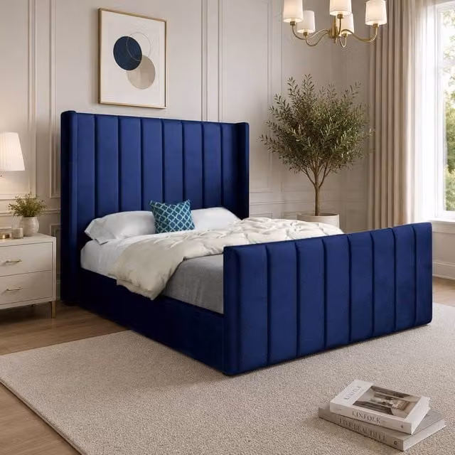 Casani Sherburn Straight Winged Designer Bed Frame in Blue Soft Velvet, W/D/H: 120 x 200 cm