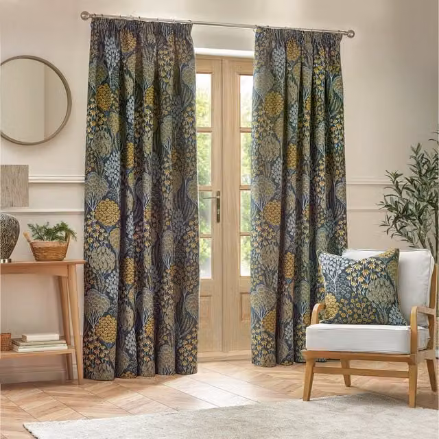 Make It A Home Ophelia Floral Jacquard Pencil Pleat Curtains, Blue and Yellow, W: 117 cm, H: 183 cm