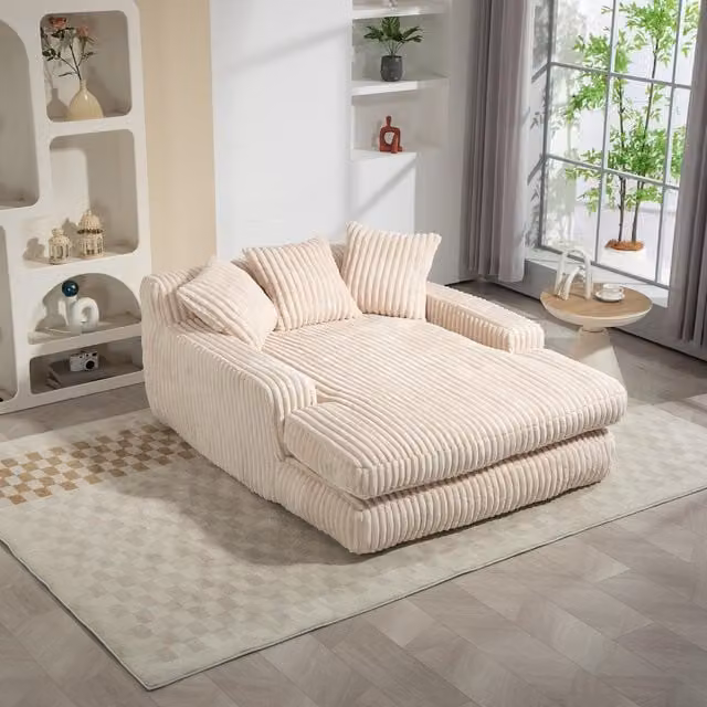 Aosom UK Oversized L-Shape Chaise Longue Sofa with 3 Throw Cushions and Shredded Memory Foam Seat, Beige, W/D/H: 125 x 155 x 63 cm