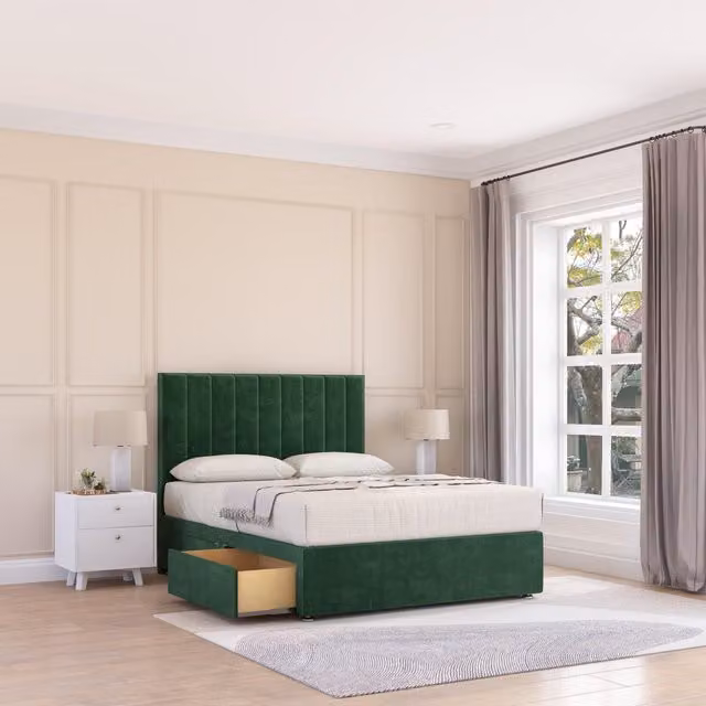 Sloomy Kansas Plush Velvet Memory Foam Bed Set with 2 Drawers, Mattress and Headboard in Emerald Green, W/D/H: 140 x 200 cm