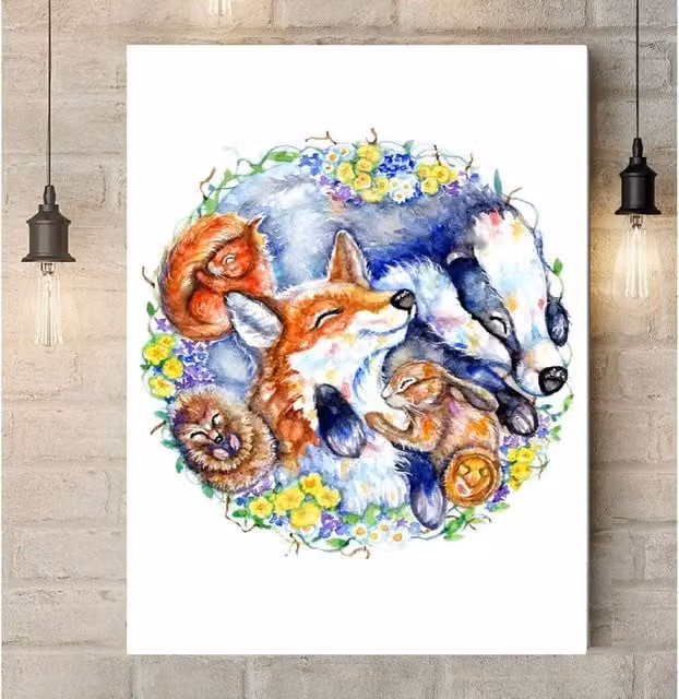 BebesArts Woodland Friends Afternoon Nap Canvas Wall Art, Multicolour/Brown, W: 81.28 cm, H: 60.96 cm, D: 81.28 cm