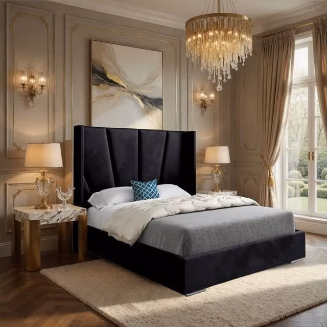 Casani Farleigh Upholstered Velvet Designer Bed Frame in Black, W/D/H: 137 x 120 x 200 cm