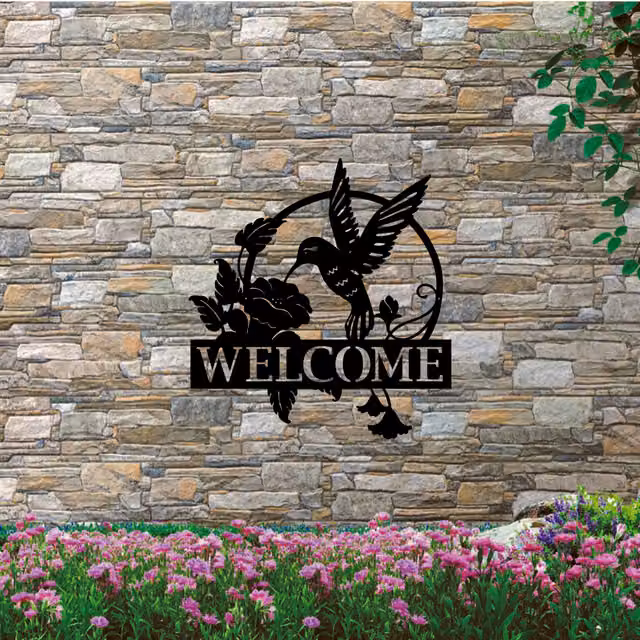 Laser Hut Hummingbird Welcome Sign Black Metal Wall Plaque, 30 cm