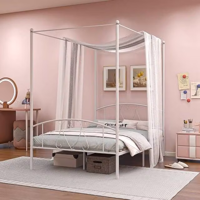 Costway Modern Metal Canopy Bed Frame in White, W/D/H: 140 x 200 cm