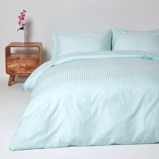 Homescapes Blue Satin Stripe Egyptian Combed Cotton Duvet Cover and Pillowcase Set, 90 x 200 cm