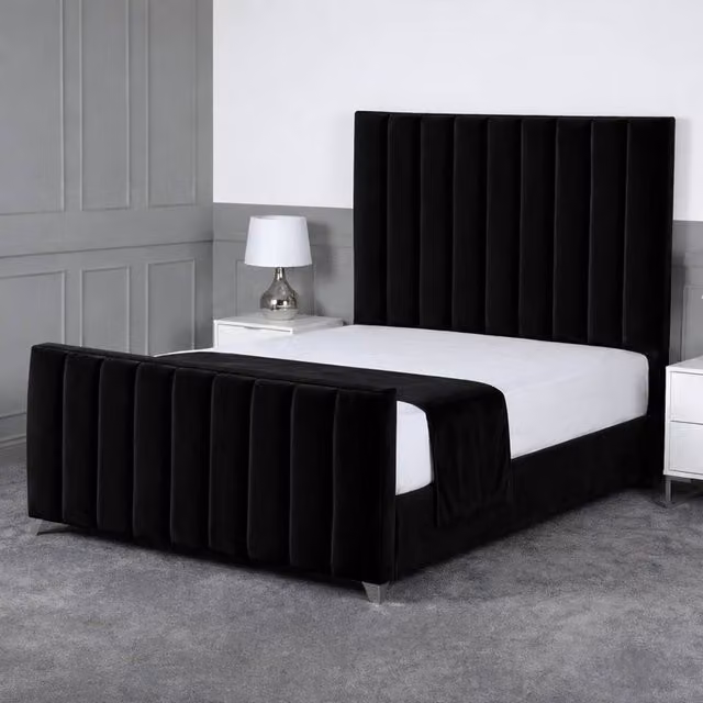 Living Comfort Bedz Empress Plush Velvet Upholstered Bed with Slatted Base and 48 Inch Headboard in Black, Small Double